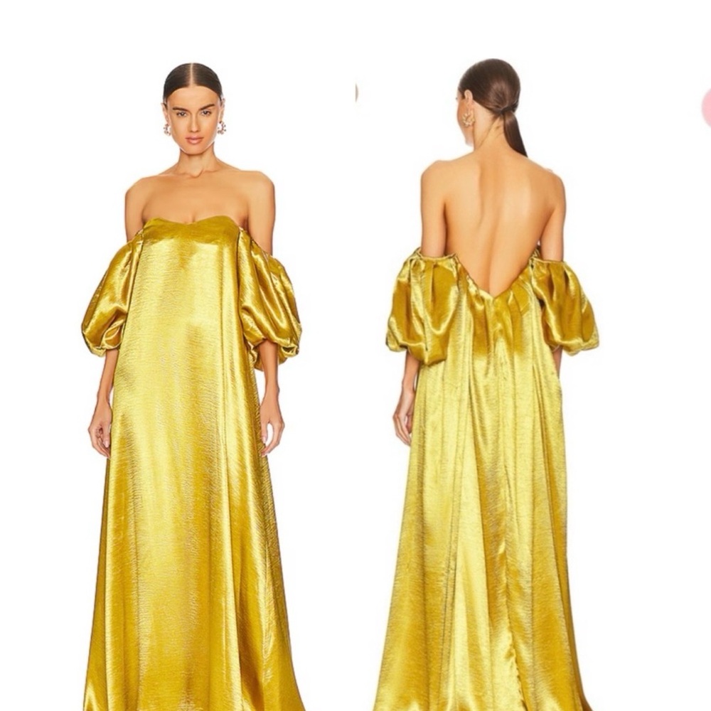 Caroline Constas Metallic Gold Off-Shoulder Maxi Dress